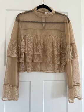 LOFT Tan Sheer Ruffle Lace High Neck Blouse
